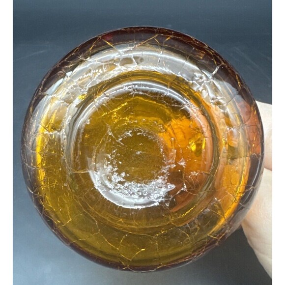 VTG Pilgrim Glass AMBER Crackle Pitcher Vase Ruffle Top Applied Handle 4.5” - Picture 6 of 9